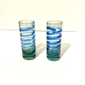 Pair of Handblown Spiral Shot Glasses. Cobalt blue detail. Vintage